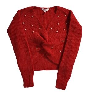 NoBoundaries Knitted Twist Sweater Pearl Embellished Red Cropped Pullover Size S